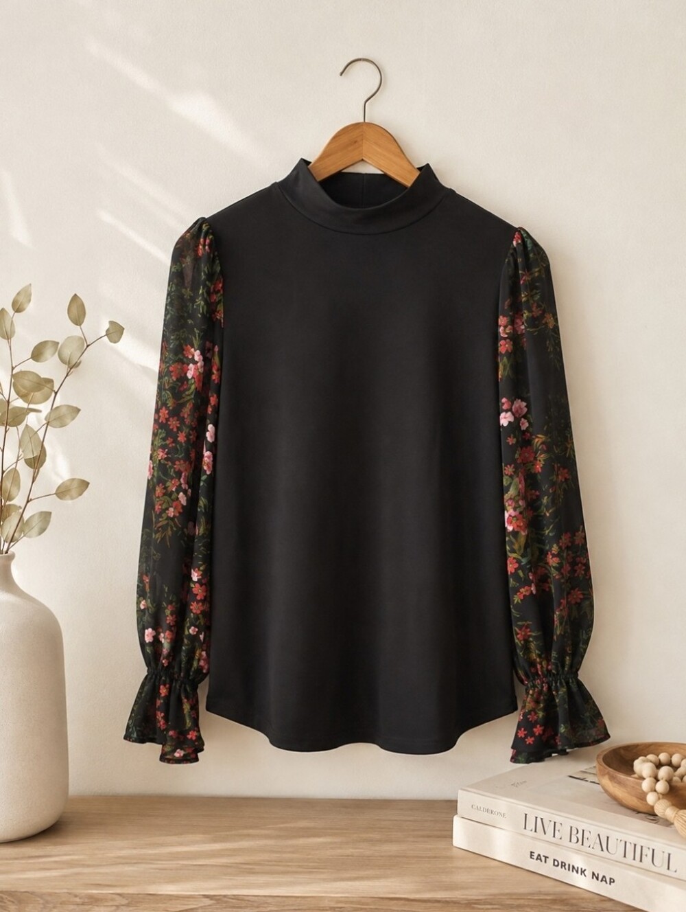 CECE Floral Print Long Sleeve Mixed Media Mock Neck Knit Top Sz Medium Black